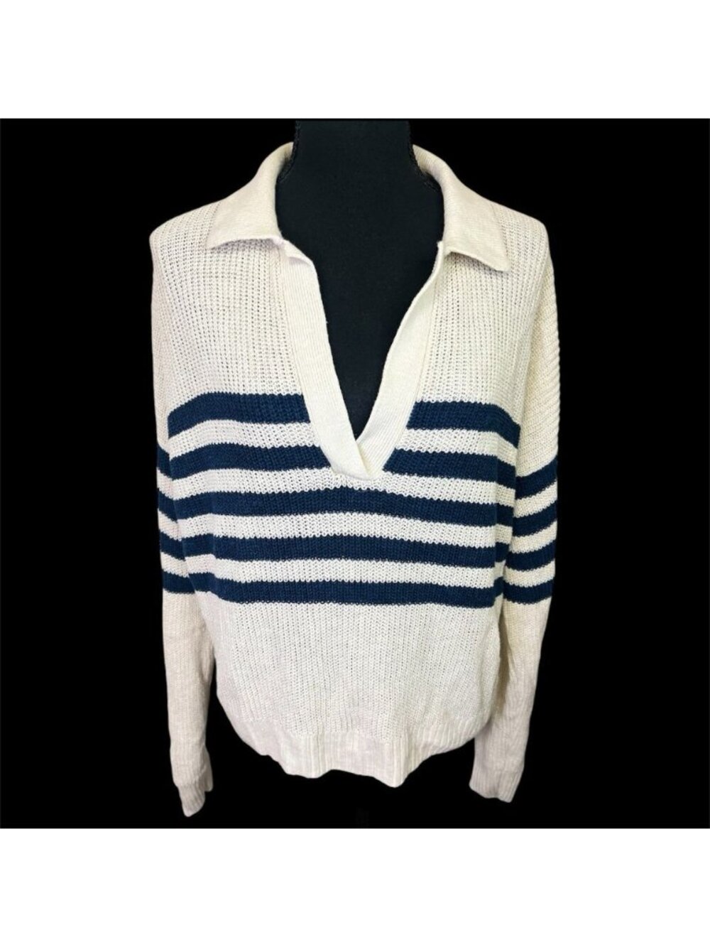 Faherty Mirimar Linen Polo in Ocean Ties Striped Sweater Sz M Navy Cream Collar - Picture 6 of 13